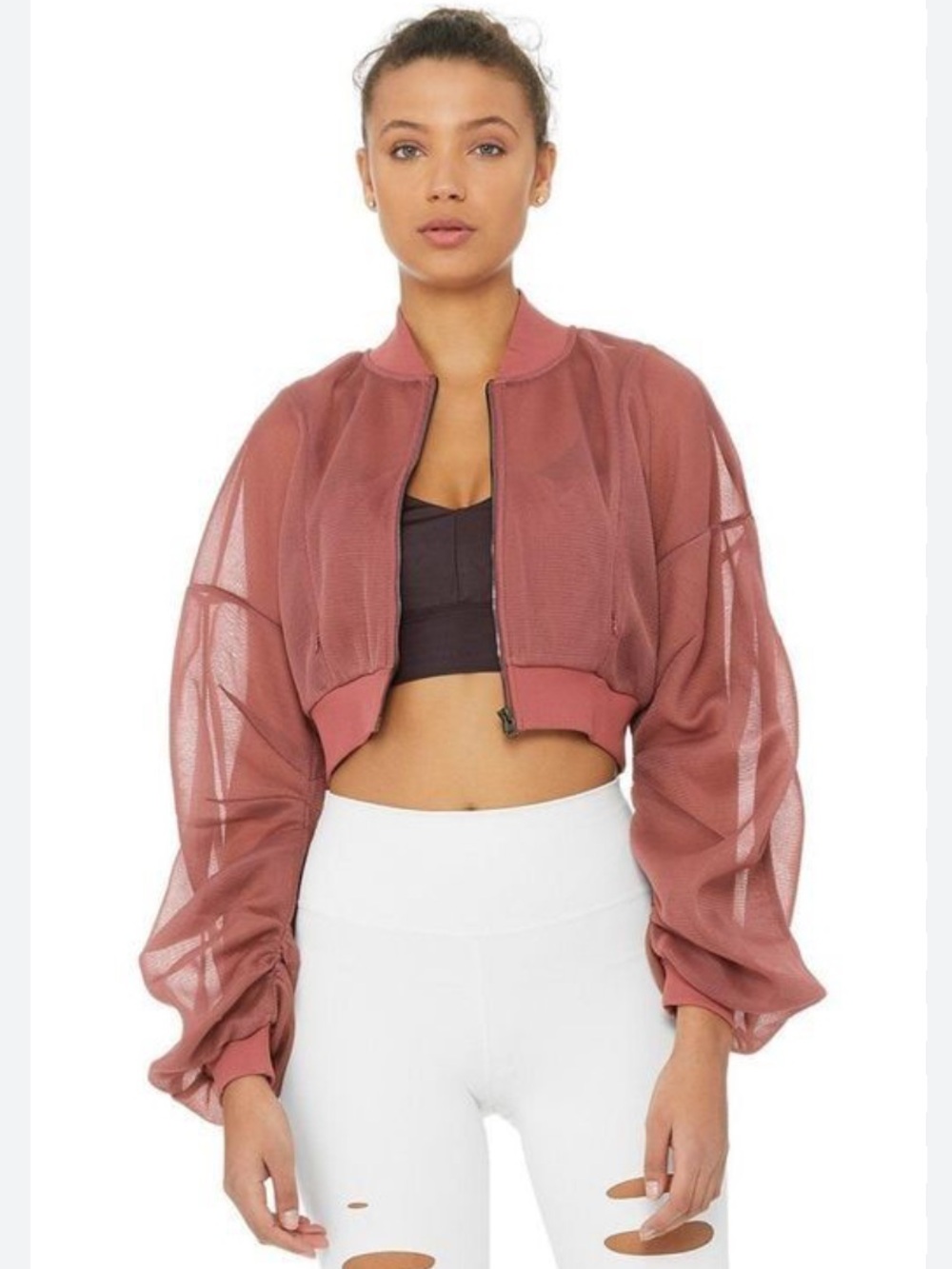 ALO Yoga Cropped Mesh Bomber Jacket - Taupe